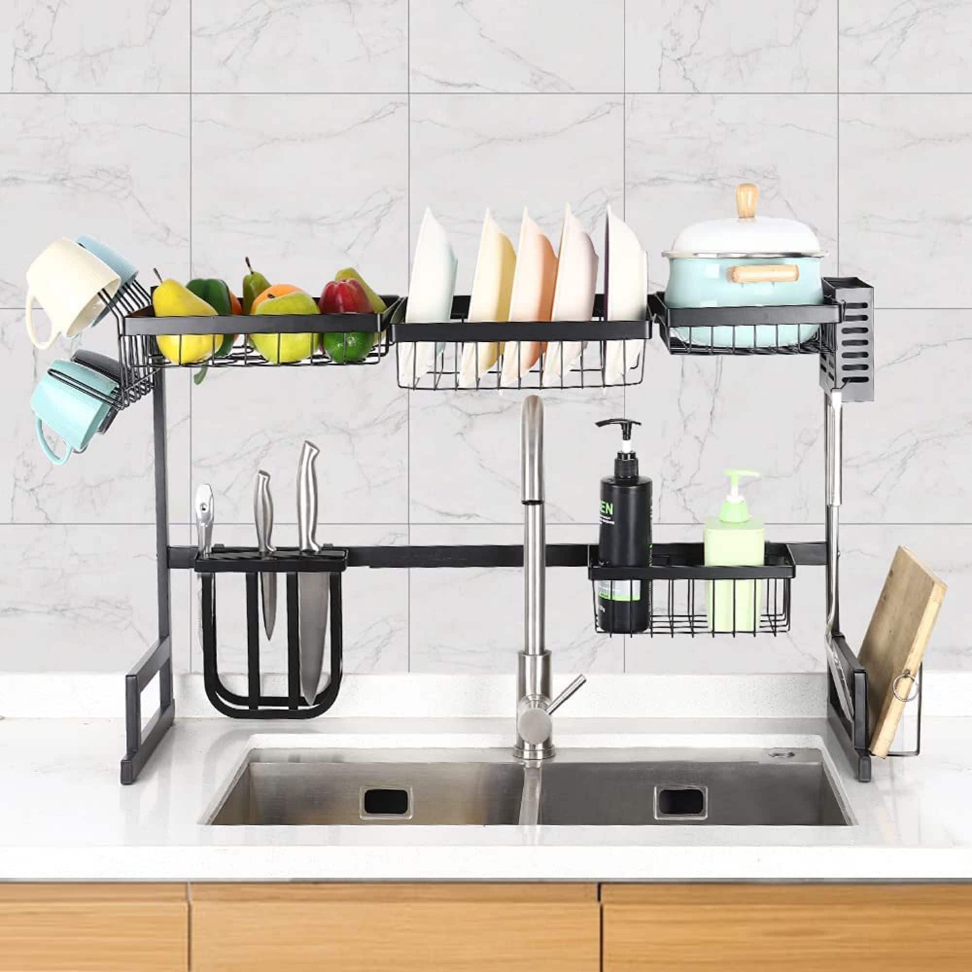 NEX™ 38" Black 2 Tier Stainless Steel Over the Sink Dish Drying Rack